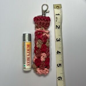 Handmade Crochet Boho Lip Gloss Holder Keychain Approx 5-1/2” long Pink Variegtd